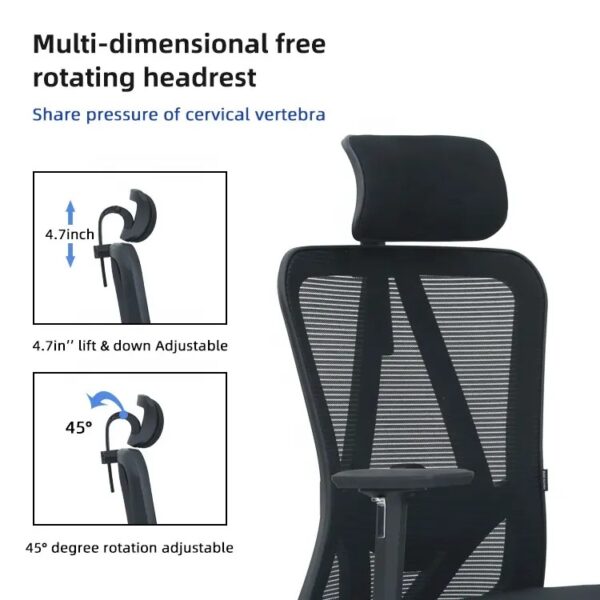 An orthopedic high back chair with ergonomic design, featuring a contoured seat, adjustable armrests, and lumbar support, set against a modern office backdrop.