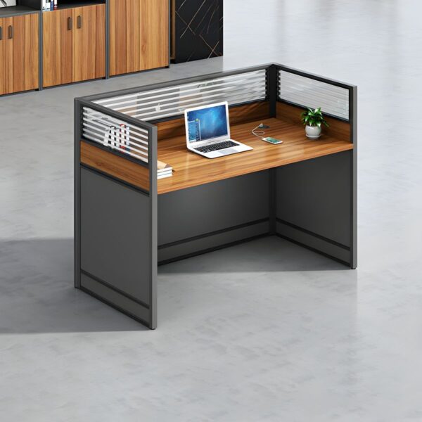 Alt Text: A modern one-way modular workstation featuring a sleek design with a single workstation area, ergonomic chair, and integrated storage. The setup is ideal for focused work in a minimalistic office environment.