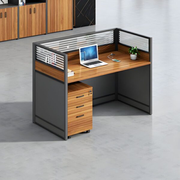 Alt Text: A modern one-way modular workstation featuring a sleek design with a single workstation area, ergonomic chair, and integrated storage. The setup is ideal for focused work in a minimalistic office environment.