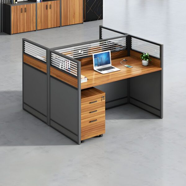 Alt Text: A modern one-way modular workstation featuring a sleek design with a single workstation area, ergonomic chair, and integrated storage. The setup is ideal for focused work in a minimalistic office environment.