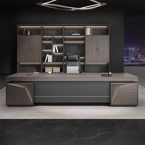 A 1.8-meter executive office table in a rich walnut finish, featuring a minimalist design with brushed steel legs and integrated cable management.