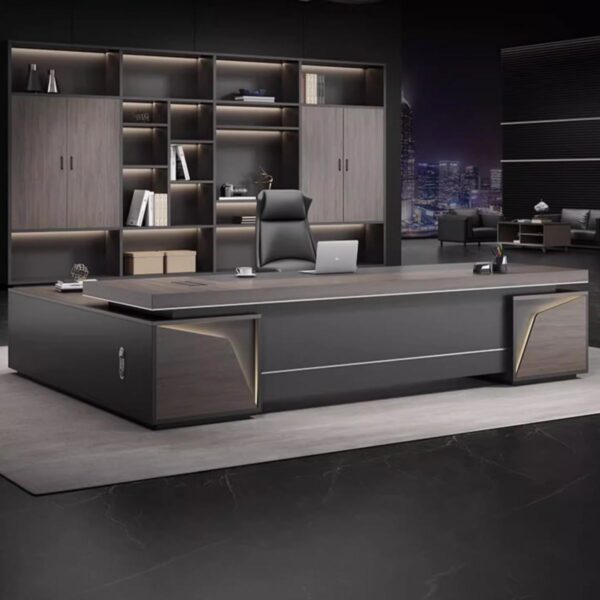 A 1.8-meter executive office table in a rich walnut finish, featuring a minimalist design with brushed steel legs and integrated cable management.