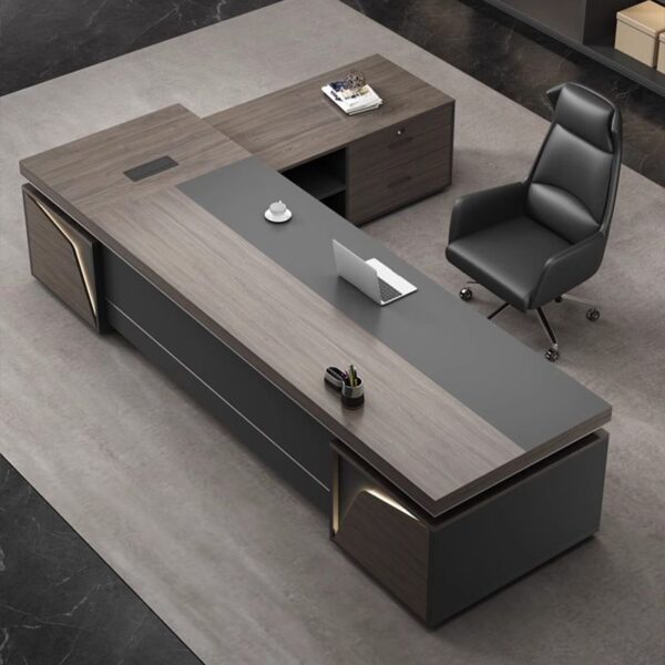 A 1.8-meter executive office table in a rich walnut finish, featuring a minimalist design with brushed steel legs and integrated cable management.