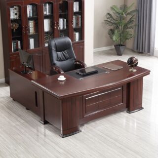 1.6-meter L-shaped office table in walnut finish with metal frame and cable management.