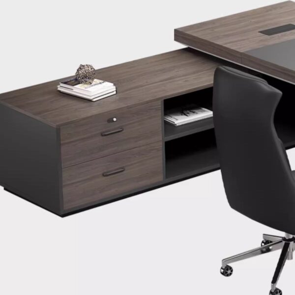 A 1.8-meter executive office table in a rich walnut finish, featuring a minimalist design with brushed steel legs and integrated cable management.