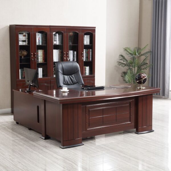 1.6-meter L-shaped office table in walnut finish with metal frame and cable management.