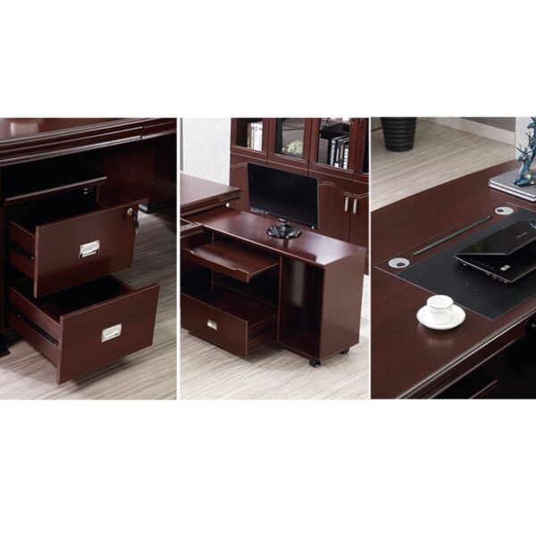 1.6-meter L-shaped office table in walnut finish with metal frame and cable management.