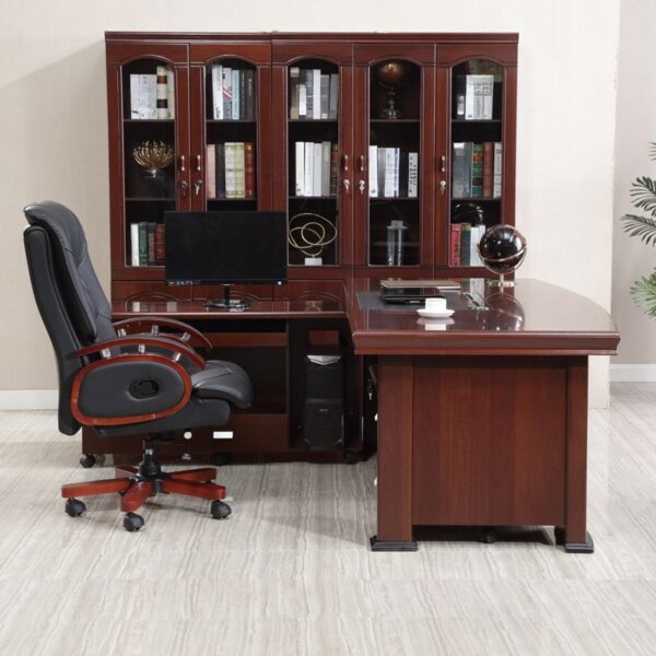 1.6-meter L-shaped office table in walnut finish with metal frame and cable management.