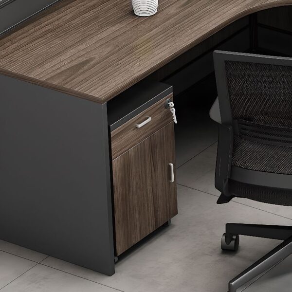 4-way curved office workstation with ergonomic design, four connected work areas, and integrated cable management in a modern office setting.