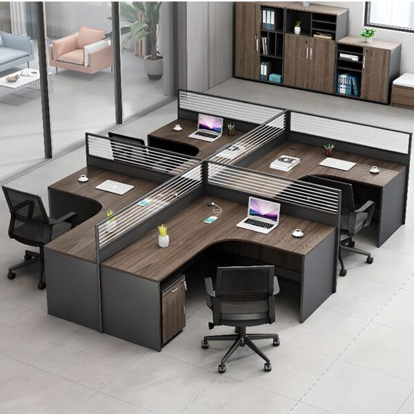 4-way curved office workstation with ergonomic design, four connected work areas, and integrated cable management in a modern office setting.