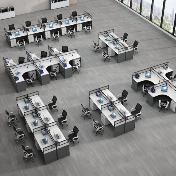 A modern 4-way modular office workstation featuring adjustable desks, integrated cable management, and privacy panels in a sleek office environment.