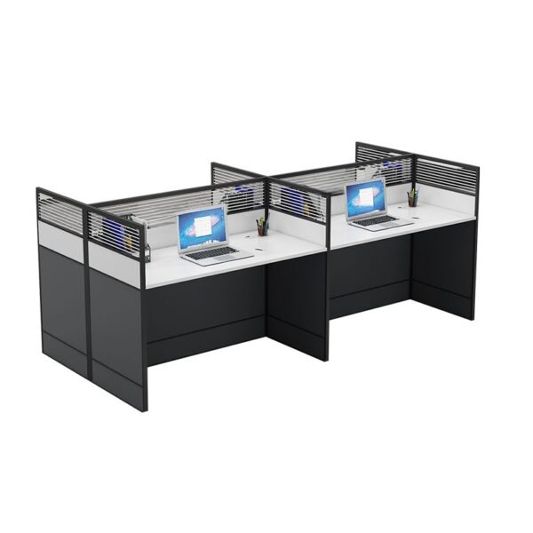 A modern 4-way modular office workstation featuring adjustable desks, integrated cable management, and privacy panels in a sleek office environment.