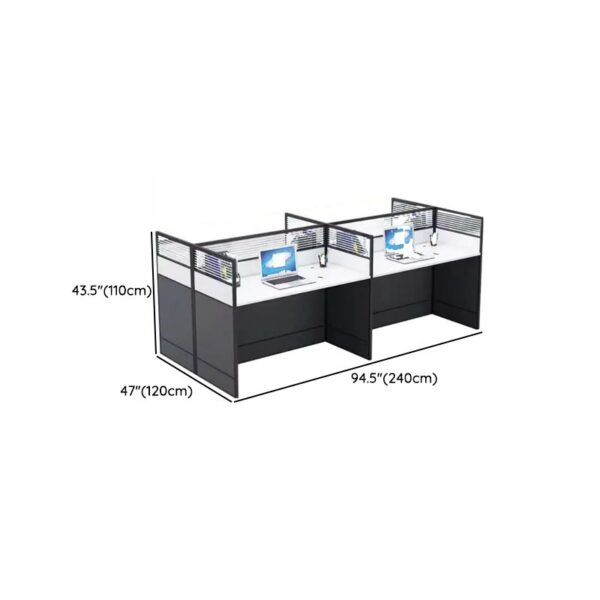 A modern 4-way modular office workstation featuring adjustable desks, integrated cable management, and privacy panels in a sleek office environment.