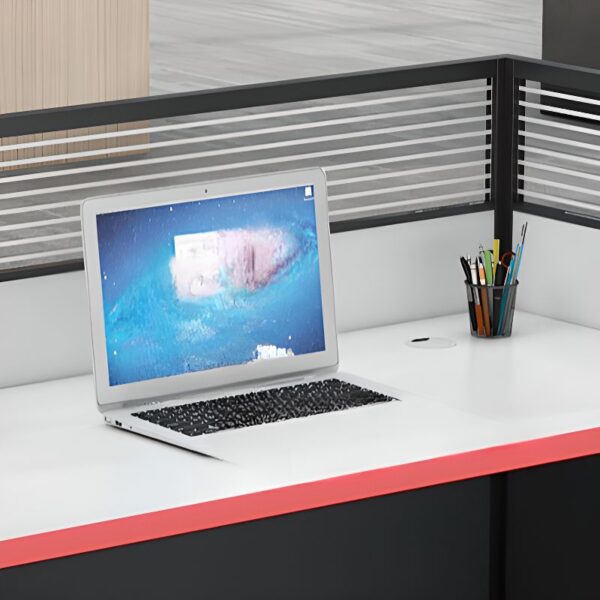 A modern 4-way modular office workstation featuring adjustable desks, integrated cable management, and privacy panels in a sleek office environment.