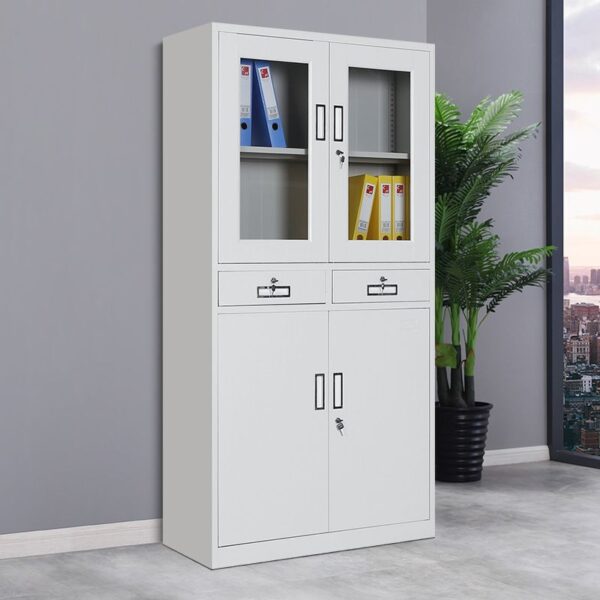 This two-door steel cabinet combines style and functionality, making it an ideal storage solution for both home and office environments.