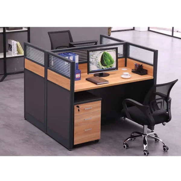 Two-way modular workstation with dual-sided design, adjustable height, and built-in cable management in a modern office setting.