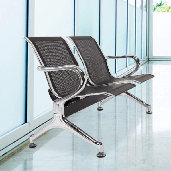 Two-seater metallic waiting bench with a sleek design and ergonomic seating, perfect for modern spaces.