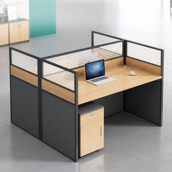 Two-way modular workstation with dual-sided design, adjustable height, and built-in cable management in a modern office setting.