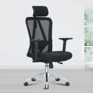 An orthopedic high back chair with ergonomic design, featuring a contoured seat, adjustable armrests, and lumbar support, set against a modern office backdrop.