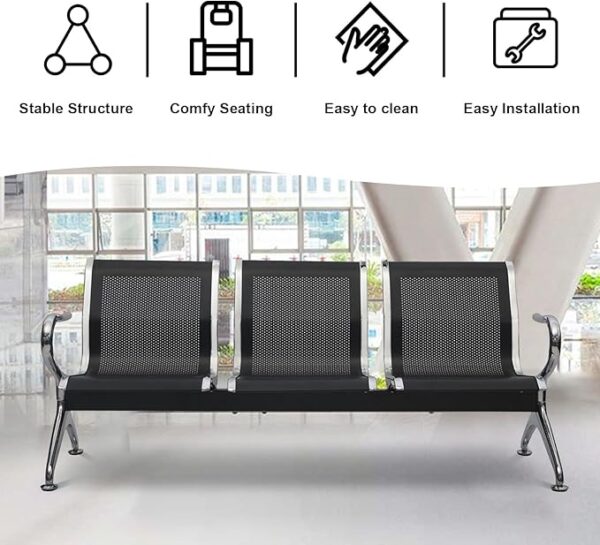 A modern 3-link waiting bench in a public space, showcasing three connected seating sections with a sleek design.