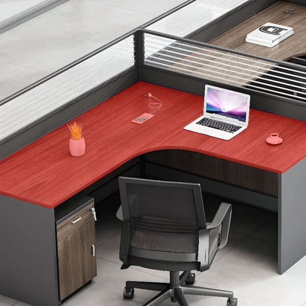 4-way curved office workstation with ergonomic design, four connected work areas, and integrated cable management in a modern office setting.