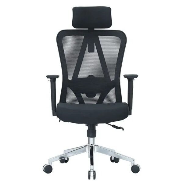 An orthopedic high back chair with ergonomic design, featuring a contoured seat, adjustable armrests, and lumbar support, set against a modern office backdrop.