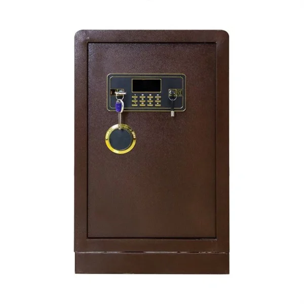 A sleek, modern fireproof safe weighing 60 kg, featuring a biometric scanner and digital keypad, set against a stylish interior.