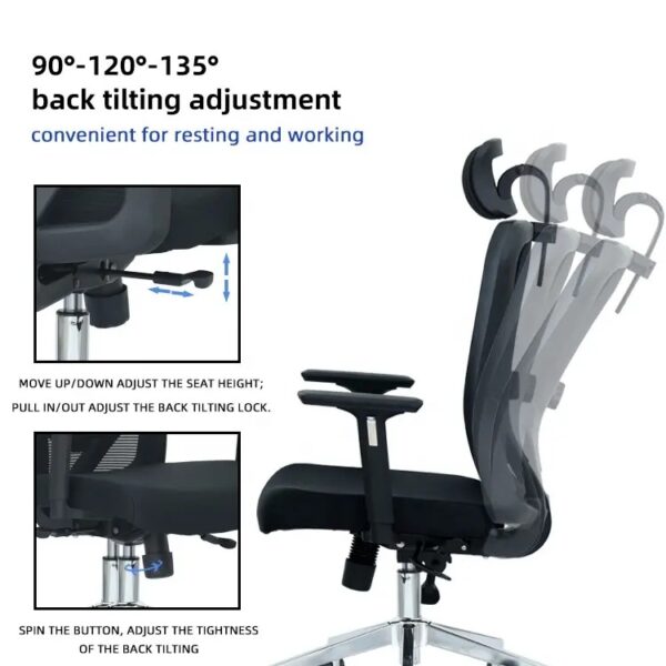 An orthopedic high back chair with ergonomic design, featuring a contoured seat, adjustable armrests, and lumbar support, set against a modern office backdrop.