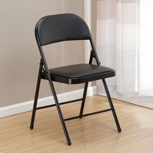 Black armless foldable leather chair against a minimalist backdrop, showcasing its sleek design and plush cushioning.