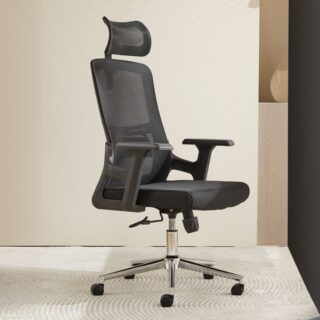 High-back ergonomic executive seat featuring adjustable lumbar support and sleek design, perfect for modern offices.