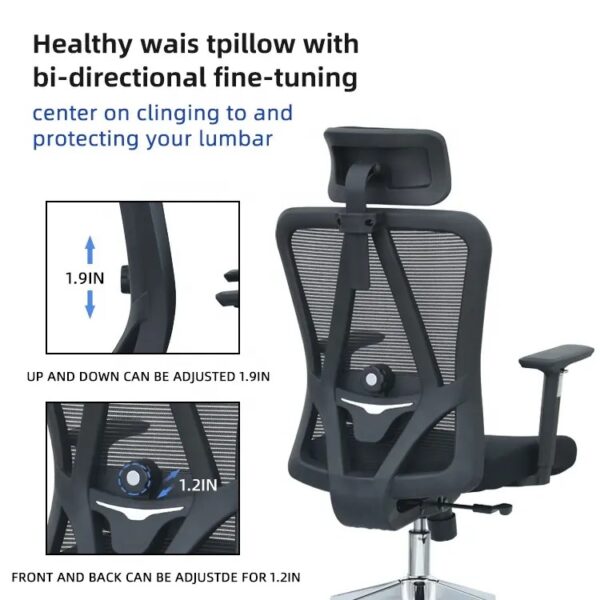 An orthopedic high back chair with ergonomic design, featuring a contoured seat, adjustable armrests, and lumbar support, set against a modern office backdrop.