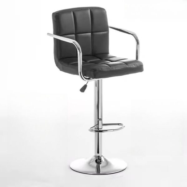 Height-adjustable barstool with chrome base and faux leather seat, showcasing modern design and comfort.