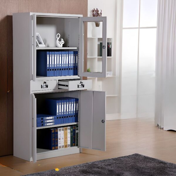 This two-door steel cabinet combines style and functionality, making it an ideal storage solution for both home and office environments.