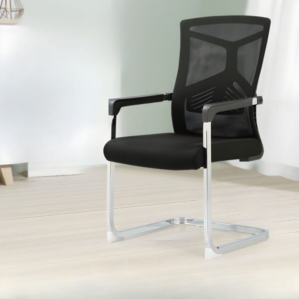 A modern cantilever guest chair with a sleek steel frame and upholstered seat, ideal for contemporary spaces.