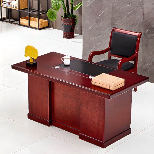 Elegant mahogany corporate IT office desk with ample workspace and cable management.