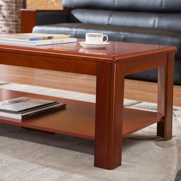 Sleek walnut wood Executive Coffee Table with minimalist design and integrated storage, set in a modern office environment.