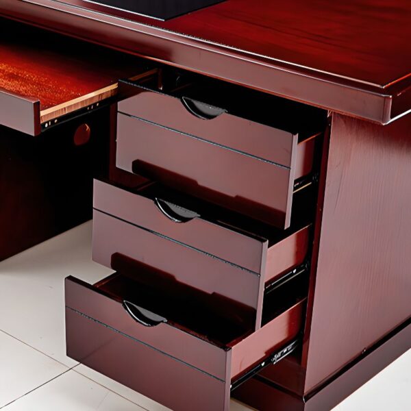 Elegant mahogany corporate IT office desk with ample workspace and cable management.