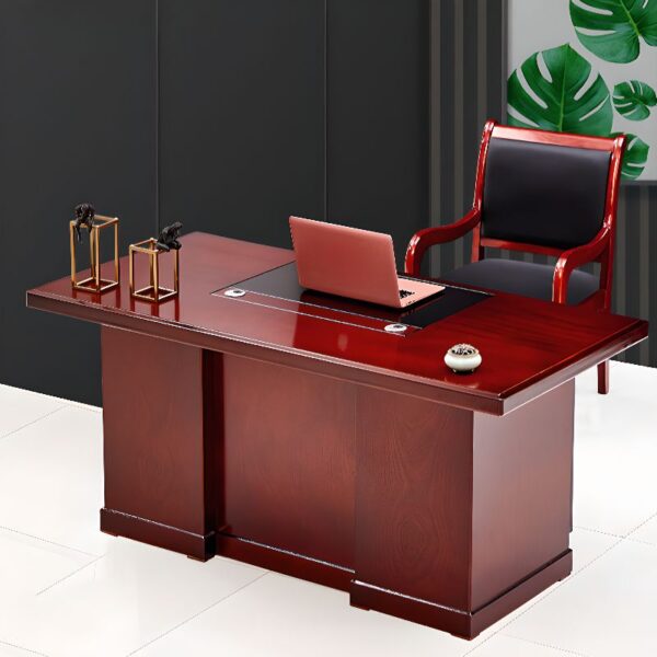 Elegant mahogany corporate IT office desk with ample workspace and cable management.