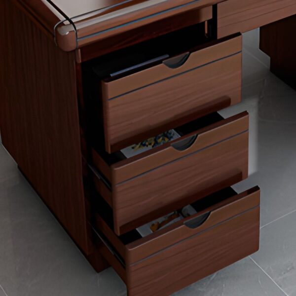 A 140cm executive desk with a rich wood finish, featuring two drawers, spacious surface, and a modern minimalist design.