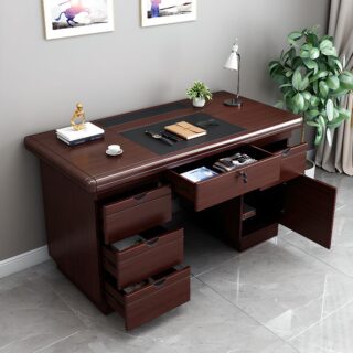 A 140cm executive desk with a rich wood finish, featuring two drawers, spacious surface, and a modern minimalist design.