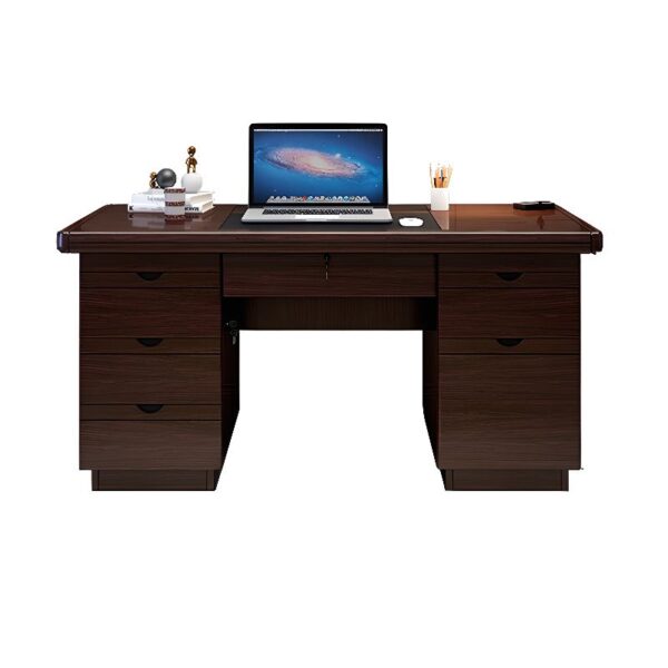 A 140cm executive desk with a rich wood finish, featuring two drawers, spacious surface, and a modern minimalist design.