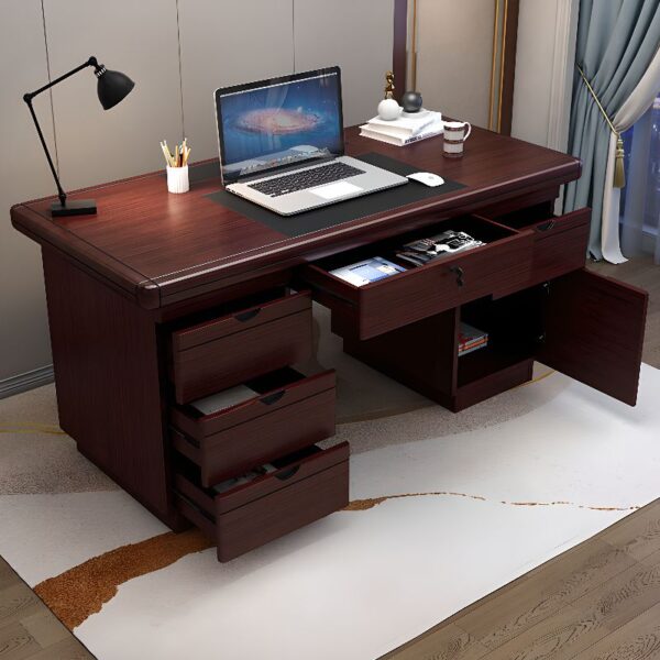 A 140cm executive desk with a rich wood finish, featuring two drawers, spacious surface, and a modern minimalist design.