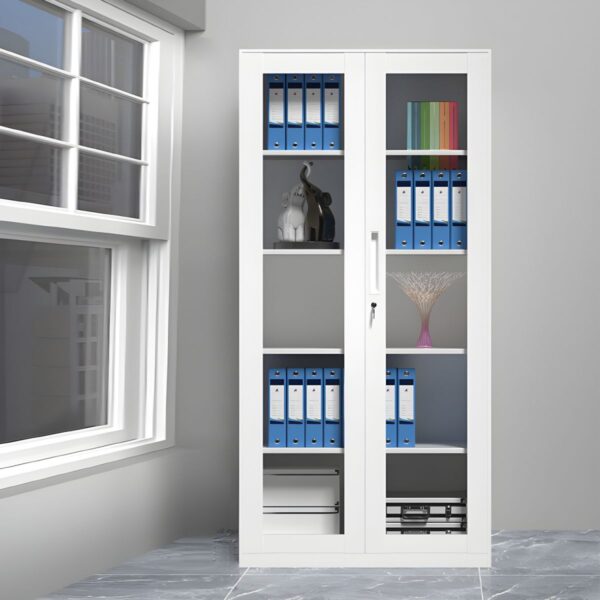 A sleek 2-door metallic office cabinet with full glass doors, showcasing its elegant design and spacious interior.