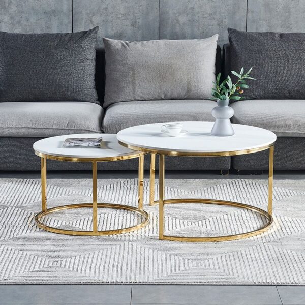 Marble Round Coffee Table with a polished marble top and a metal base in a stylish living room setting.