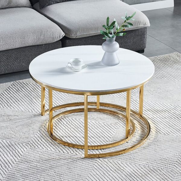 Marble Round Coffee Table with a polished marble top and a metal base in a stylish living room setting.