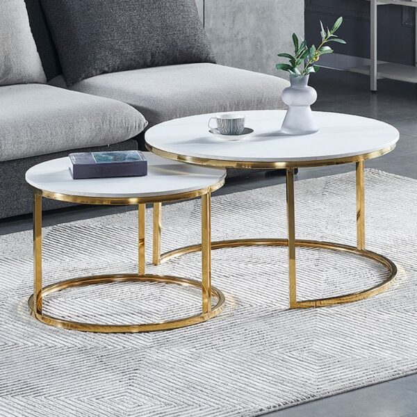 Marble Round Coffee Table with a polished marble top and a metal base in a stylish living room setting.