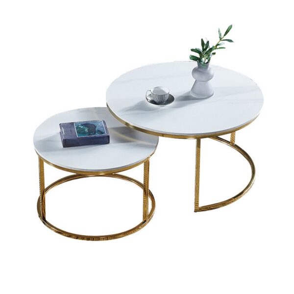 Marble Round Coffee Table with a polished marble top and a metal base in a stylish living room setting.