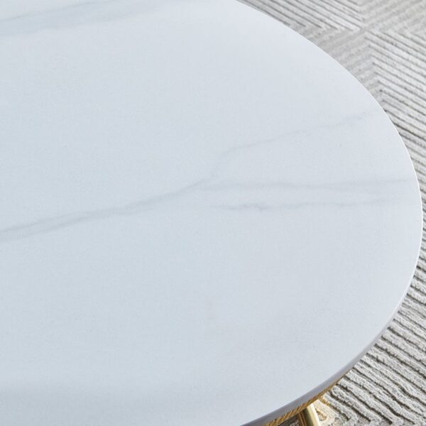 Marble Round Coffee Table with a polished marble top and a metal base in a stylish living room setting.