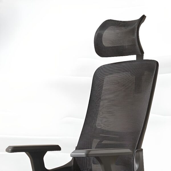 High-back ergonomic executive seat featuring adjustable lumbar support and sleek design, perfect for modern offices.