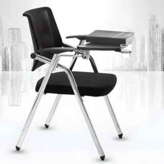 A black foldable study office chair with a cushioned seat and backrest, positioned in a modern home office setting.